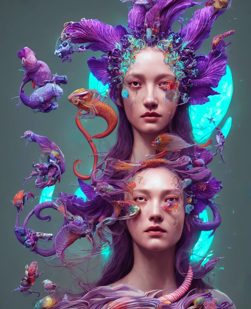 Image similar to goddess full color painted acryllic sculpture close-up portrait. orchid bird phoenix head, nautilus, skull, betta fish, bioluminiscent creatures, intricate artwork by Tooth Wu and wlop and beeple. octane render, trending on artstation, greg rutkowski very coherent symmetrical artwork. cinematic, hyper realism, high detail, octane render, 8k