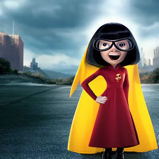 Prompt: an angry Edna Mode wearing a cape, Pixar (2018)