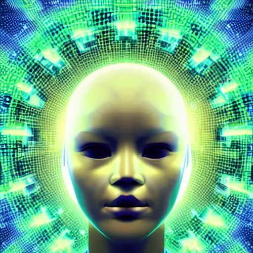 Image similar to a cibernetic artwork of a futuristic artificial intelligence superstar, centered image, with frames made of detailed fractals