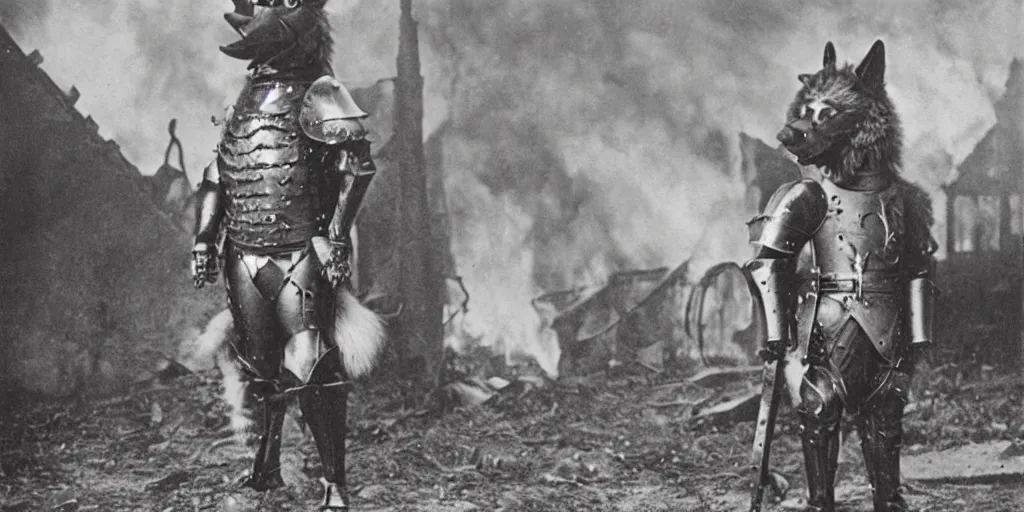 Image similar to anthropomorphic furry wolf in armor standing in front of a burning village, 1900s film scene