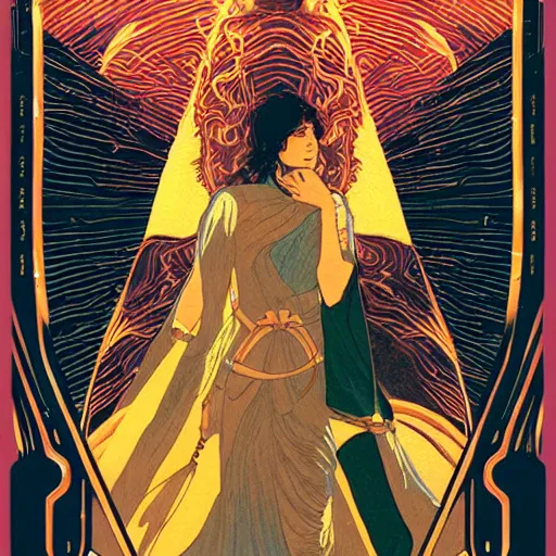 Image similar to majestic dune themed paul atreides messianic tarot card by sachin teng, artgerm, alphonse mucha, masterpiece, organic painting, matte painting, technical geometrical drawing shapes, lightning electricity coil, hard edges, graffiti, screen printing poster art by sachin teng