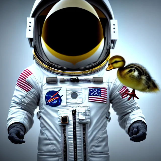 Prompt: epic portrait of an astronaut duckling, awesome gorgeous symmetrical perfect octane vfx maya render realistic