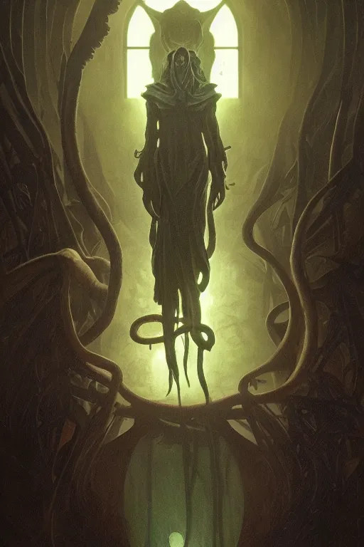 Prompt: cthulhu cultist, standing in an office lobby, dramatic backlighting, autochrome, high contrast, highly detailed, sharp focus, digital painting, concept art, illustration, trending on artstation, art by greg rutkowski and greg hildebrandt, composition by alphonse mucha