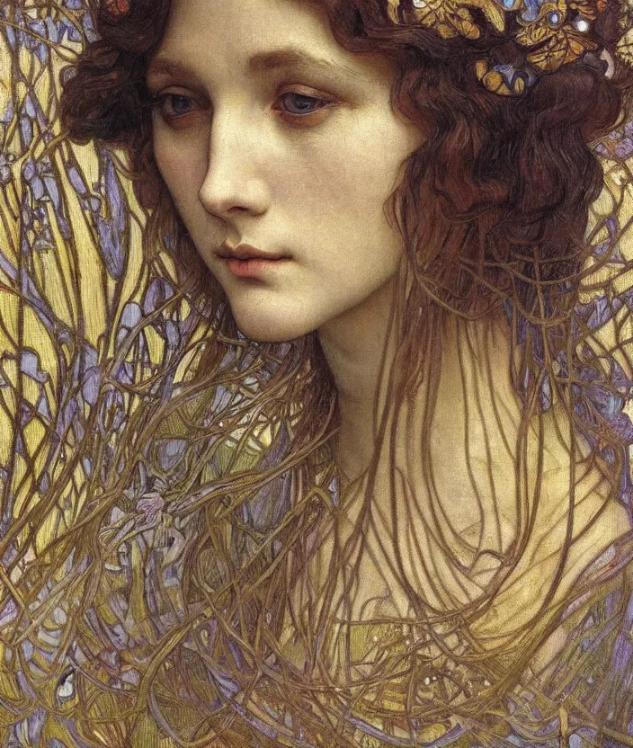 Image similar to detailed realistic beautiful young medieval queen face portrait by jean delville, alphonse mucha, vincent van gogh, and marco mazzoni, art nouveau, symbolist, visionary, gothic, pre - raphaelite