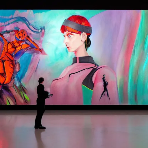 Prompt: art curator looking at a screen with a painting of a dream haze, recursive, on stage in the middle of a fashion show, in the style of grand chamaco and stanley kubrick, inspired by evangelion, photorealistic, epic, super technical, cinematic still