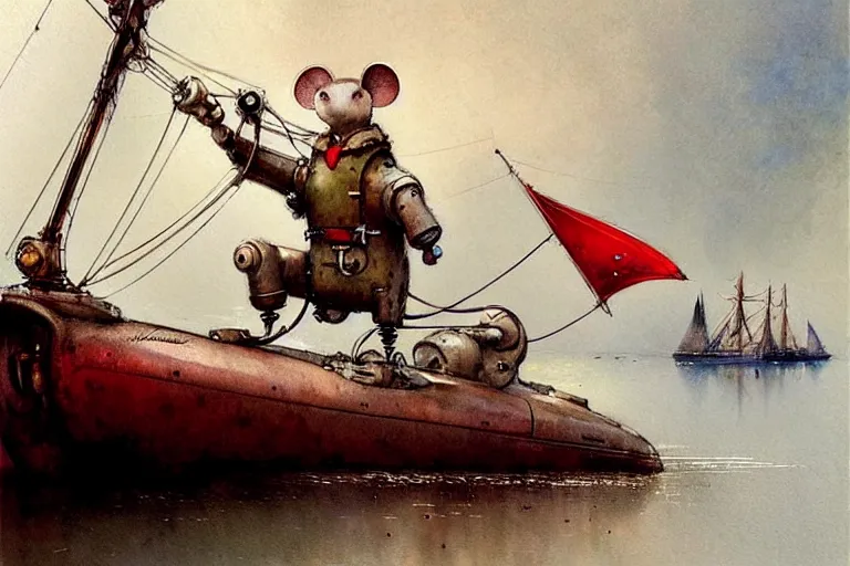 Image similar to adventurer ( ( ( ( ( 1 9 5 0 s retro future robot mouse sailboat house robot. muted colors. ) ) ) ) ) by jean baptiste monge!!!!!!!!!!!!!!!!!!!!!!!!! chrome red