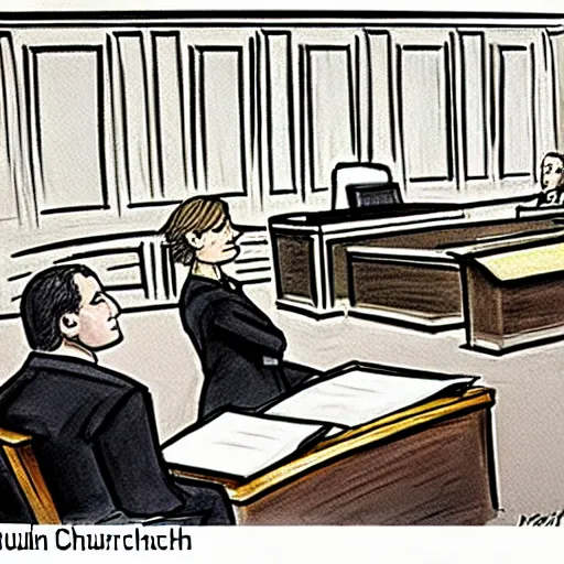 Image similar to [ ridiculous courtroom scene drawn by marilyn church ]
