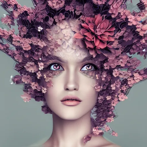 Image similar to beautiful blonde lady in a 3D flower dress , hyperrealistic, ultra detailed, octane render, symmetric, 3d, majestic, dark fantasy, intricate