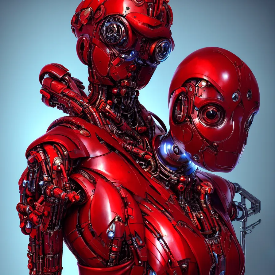 Image similar to portrait, super hero pose, red biomechanical dress, inflateble shapes, wearing epic bionic cyborg implants, masterpiece, intricate, biopunk futuristic wardrobe, highly detailed, art by akira, mike mignola, artstation, concept art, background galaxy, cyberpunk, octane render