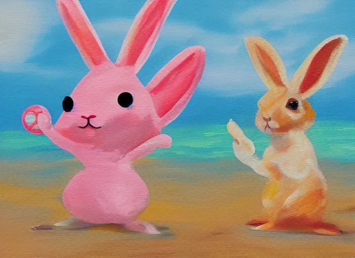 Prompt: rabbit, beach, serene, happy, artwork, acrylic paint, dichromatism, post processing