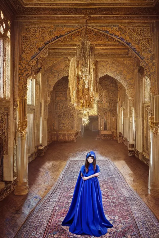 Prompt: a photo of a beautiful young Persian princess wearing a traditional blue dress, standing in a large empty hall, lit from above with vaulted ceilings and high windows. Photorealistic. Golden Hour. Long Shadows. Thick Atmosphere. Hyperreal. Hypermaximalist. Ornate. Intricate. Highly Detailed.