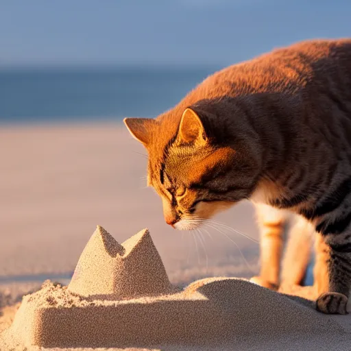 Image similar to Photo of a cat building a sandcastle on a beach, photorealistic, 8K photo, golden hour, award winning