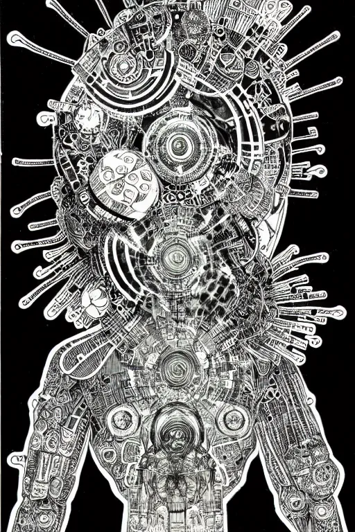 Image similar to a black and white drawing of awakened chakra android cyberpunk being, bioluminescence, a detailed mixed media collage by eduardo paolozzi and ernst haeckel, intricate linework, sketchbook psychedelic doodle comic drawing, geometric, deconstructivism, matte drawing, academic art, constructivism