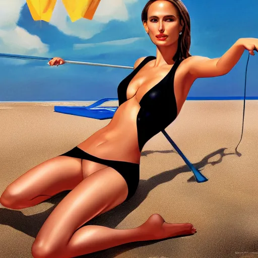 Image similar to Natalie Portman as a Bond girl at the beach, Joe Jusko, artstation, 8k photography