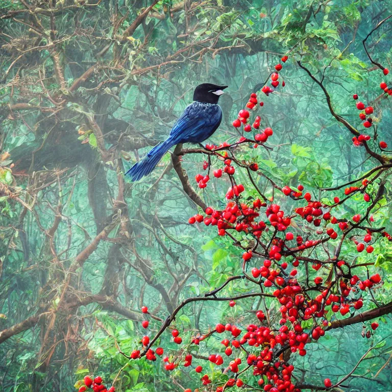 Image similar to human with the sea and the forest inside, veins diverge through the body like rivers filmed on a satellite, a person is decorated with wild berries, a beautiful bird is looking at him next, colorful picture