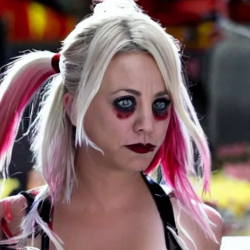 Image similar to A still of Kaley Cuoco as Harley Quinn