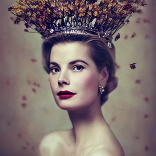 Prompt: fine art photo of grace kelly, she has a crown of dried flowers, by oleg oprisco