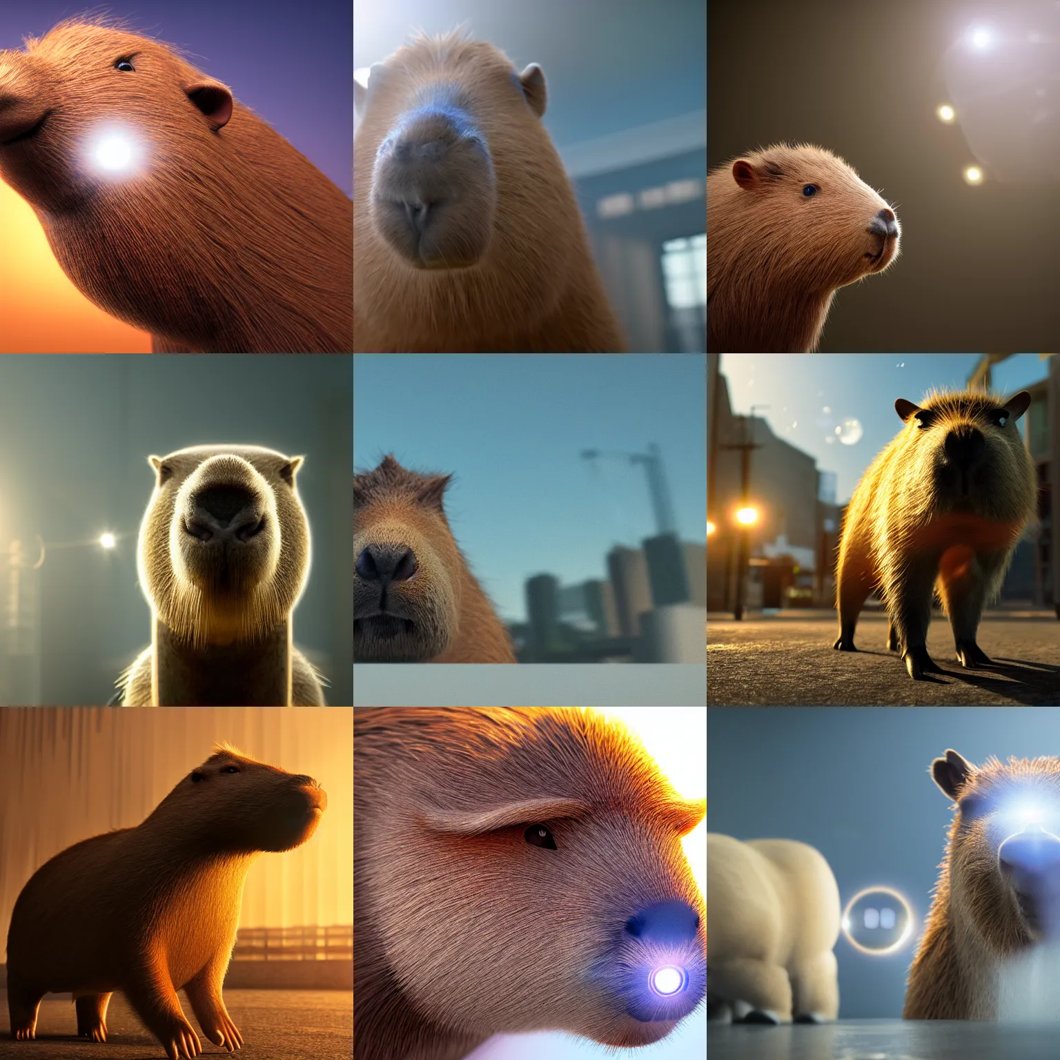 Prompt: capybara, cinematic, hyper realism, high detail, bright lights, lens flare, octane render, 8k