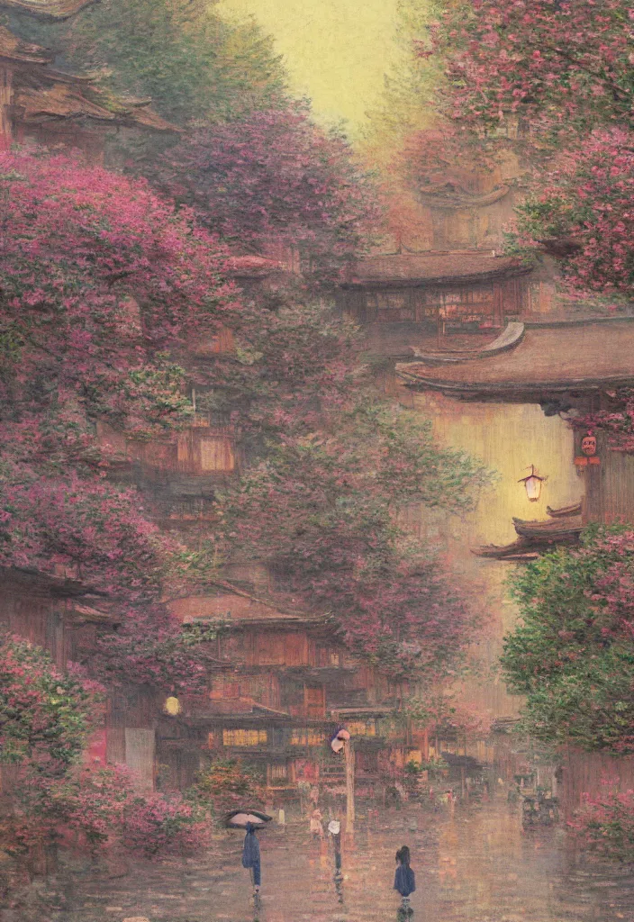 Image similar to a beautiful japanese city in the mountain, amazing ryokans and gorgeous edo era houses, fantastic non human character, epic cyberpunk, lofi vibe, colorful, vivide colors, amazing light, really beautiful nature, oil painting in impressionist style, by jeremy lipkin, by claude monet, by makoto shinkai, kandinsky touches, inspired by ghibli, masterpiece, beautiful