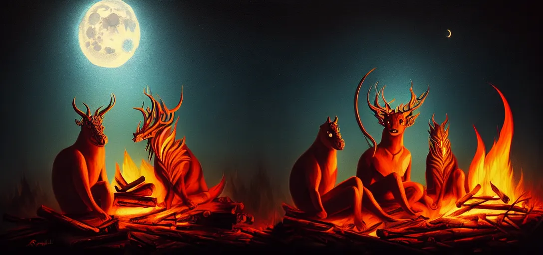 Image similar to strange mythical beasts of sitting around a fire under a full moon, surreal dark uncanny painting by ronny khalil