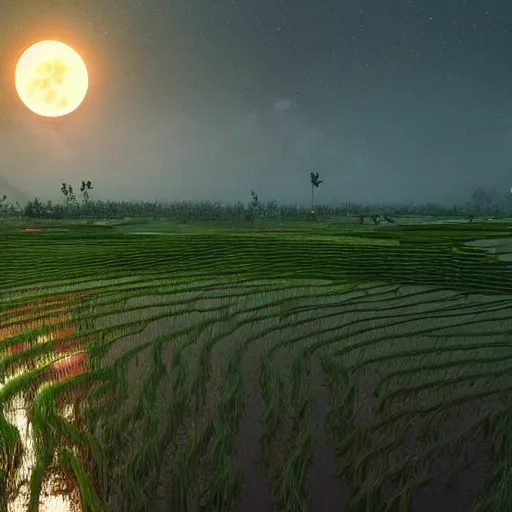 Image similar to A large blood moon rising over a rice paddy in Bali, concept art, matte painting, trending artstation, octane render, plague, apocalyptic 8k