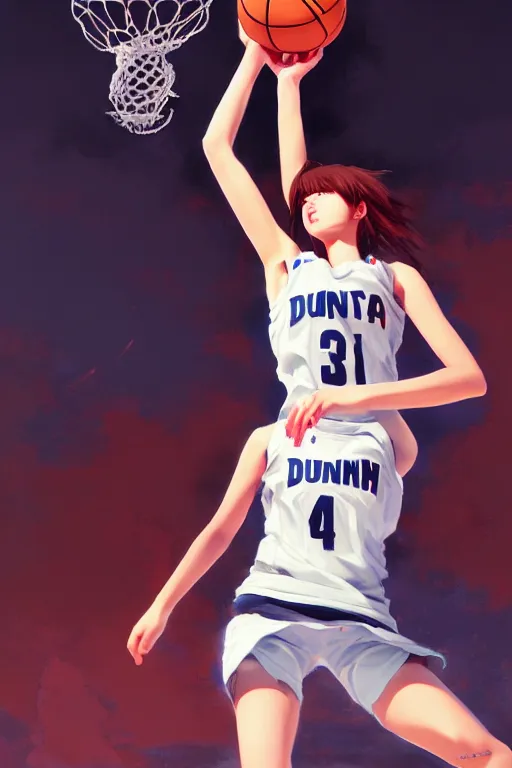 Image similar to A ultradetailed beautiful panting of a girl dunking a basketball, Oil painting, by Ilya Kuvshinov, Greg Rutkowski and Makoto Shinkai