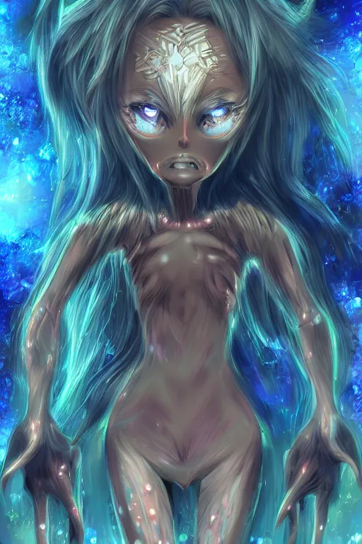 Image similar to a humanoid monster with crystals for eyes, highly detailed, digital art, sharp focus, trending on art station, amber, anime art style