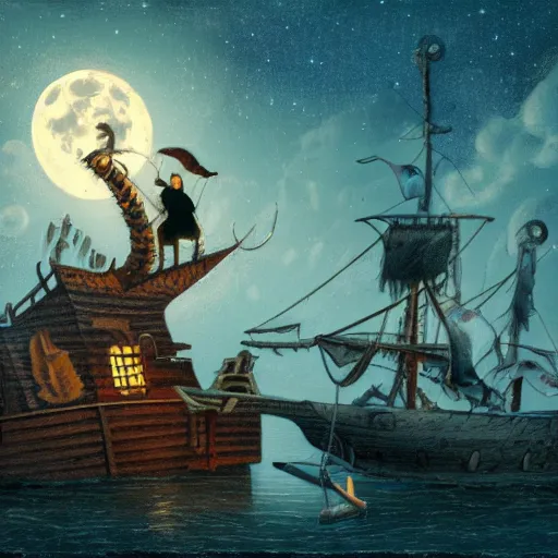 Prompt: a giant anglerfish luring a pirate standing on a ship in the night with a full moon