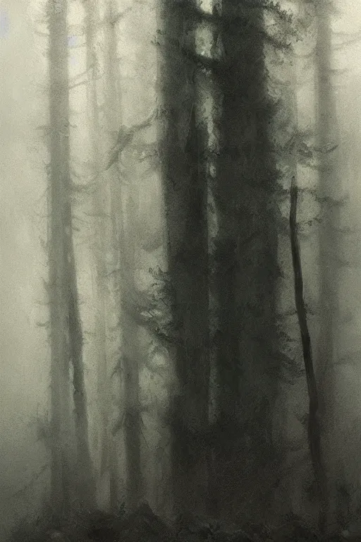 Image similar to detailed cinematic moody colors studio portrait of a distant big werewolf at the foggy forest, in high quality by jeremy mann, only one head single portrait