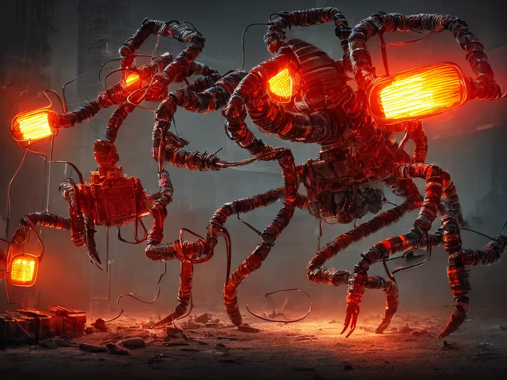 Image similar to A frightening gigantic evil robot scorpion devouring books with pipes and tubes and wires, hyperealistic very colourful hdr cinematic lighting cgi render photorealistic cinematic octane render