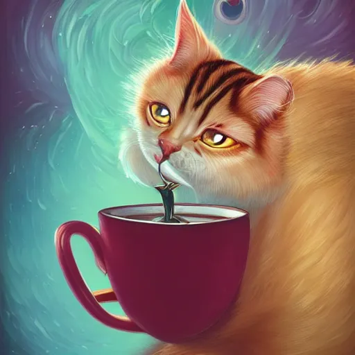 Prompt: cat full of rage clutching a cup of tea angrily, by cyril rolando and naomi okubo and dan mumford and ricardo bofill, HD, 4k