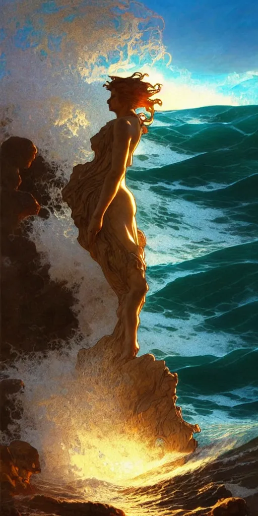 Prompt: ocean wave crashing over and around ancient stone statue, lsd water, dmt ripples, backlit, sunset, refracted lighting, art by collier, albert aublet, krenz cushart, artem demura, alphonse mucha