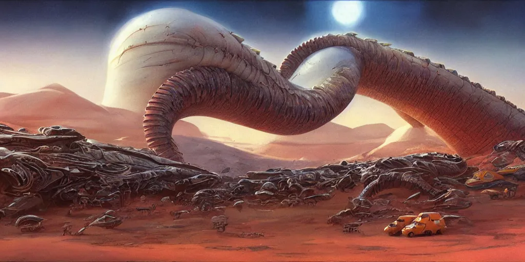 Prompt: ”scifi alien landscape with a massive sandworm attacking a caravan, [epic, cinematic, wide angle, 4k, 8k, mattepainting, art by boris vallejo and les edwards]