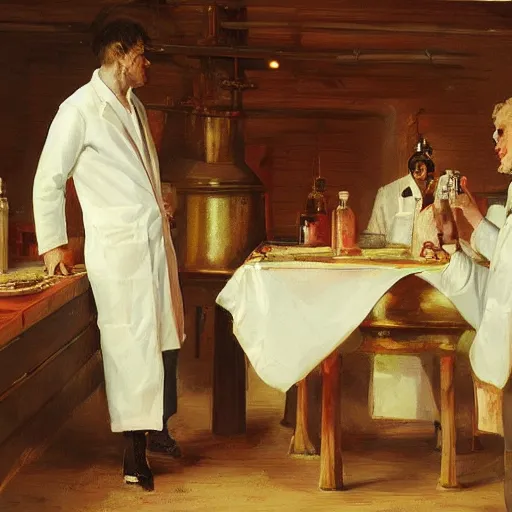 Image similar to chemists in white coats are eating a giant roll, finnian macmanus