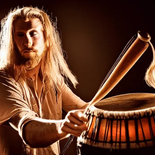 Prompt: award winning photograph of a blonde man with a goatee and long hair plays an amazing drum set, dramatic lighting,