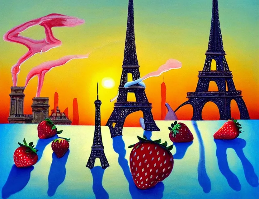 Prompt: a painting of a dancing ice sculture like the eiffel tower in paris with melting strawberry ice cream on the skyline of paris on a very sunny bright summer sunset day, very hot and the ice is melting fast and people are swimming in the icecream in the style of james jean and botero - n 6