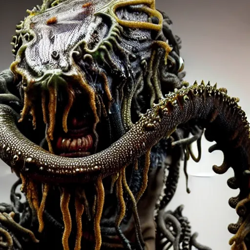 Image similar to photo taken of an epic intricate, ultra detailed, super realistic gritty, wet, slimy, lifelike sculpture of a nightmarish hellish alien creature with tentacle dreadlocks created by weta workshop for james cameron, zoomed in shots, photorealistic, sharp focus, white wall coloured workshop, cold blueish colour temperature, f 0. 4