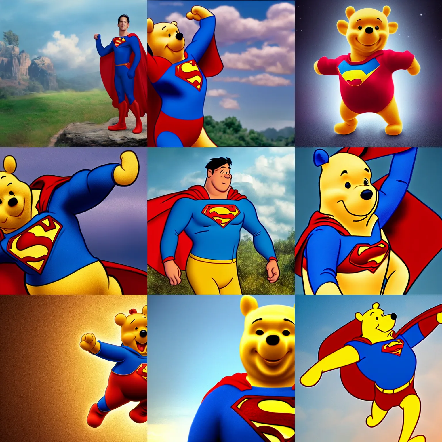 Prompt: Winnie the Pooh as Superman, realistic, 4K, UHD