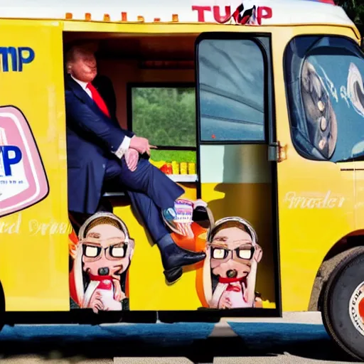 Image similar to donald trump in an ice cream truck giving ice cream to children