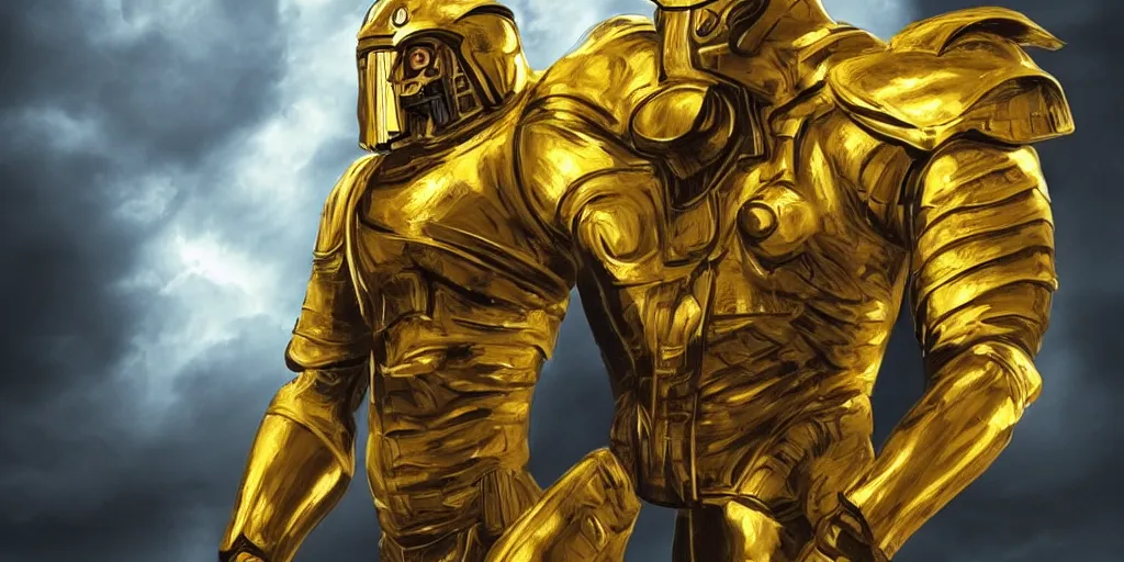 Prompt: zeus in his golden scifi armor ready for a battle, stormy sky,