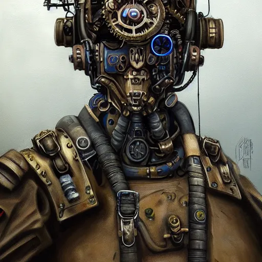 Prompt: portrait painting of a steampunk cyborg soldier transhumanism, ultra realistic, concept art, studio ghibli, intricate details, eerie highly detailed