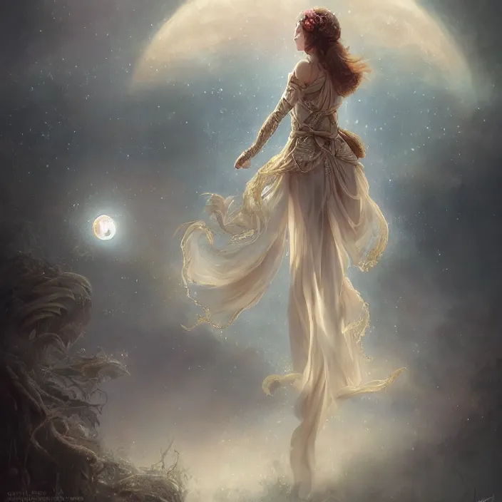 Image similar to ! dream a beautiful digital painting of a princess, princess, the moon behind her, intricate, cinematic lighting, highly detailed, digital painting, concept art, smooth, sharp focus, illustration, art by tom bagshaw, artgerm and greg rutkowski