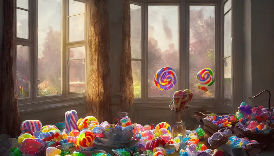 Image similar to house full of candies and lollipop, sunrise light through windows, hyperdetailed, artstation, cgsociety, 8 k