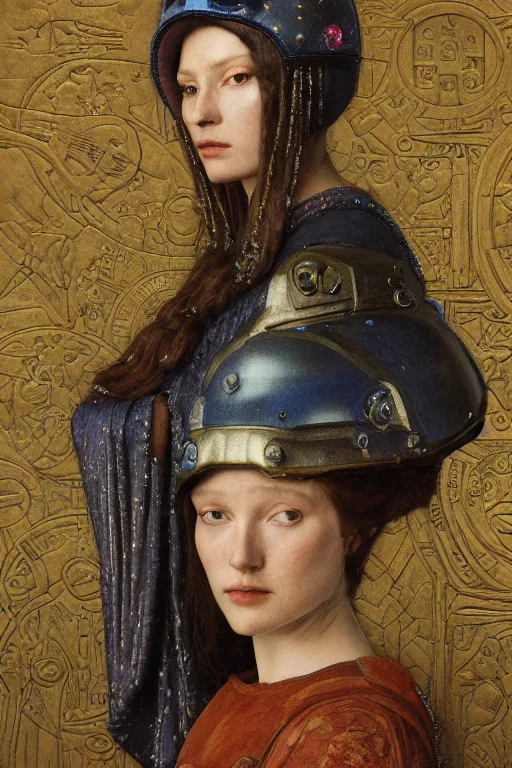 Prompt: portrait of the space queen with her helmet and regalia, by Annie Swynnerton and Nicholas Roerich and John Bauer and John William Godward and Donato Giancola and Vermeer, black leather and embroidered velvet, iridescent beetles, rich color, lost runes, ancient civilizations, dramatic cinematic lighting, featured on Artstation, extremely detailed