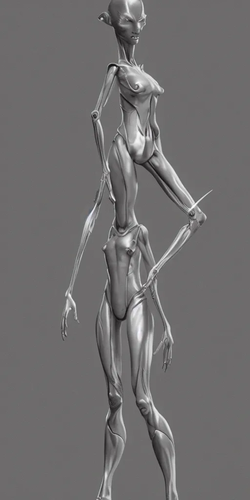 Image similar to Tall grey alien creature, dramatic lighting, very detailed, electrical details, high details, 4k, 8k, trending on artstation, by Hajime Sorayama and Paolo Eleuteri Serpieri