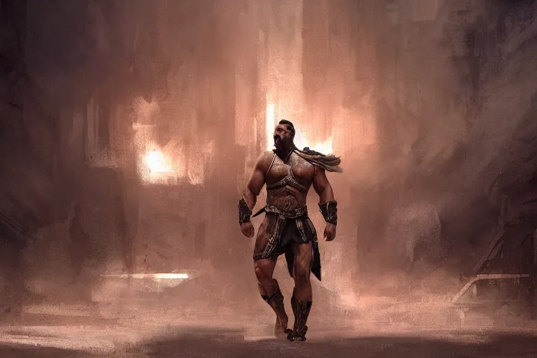 Prompt: Gladiator, male, muscular, cinematic lighting, dramatic atmosphere, by Craig Mullins, 4k resolution, trending on artstation