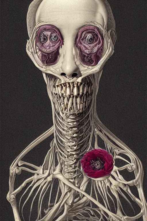 Image similar to Detailed maximalist portrait of an old woman with large lips and eyes, scared, botanical skeletal with extra flesh, HD mixed media, 3D collage, highly detailed and intricate, surreal illustration in the style of Caravaggio, dark art, baroque