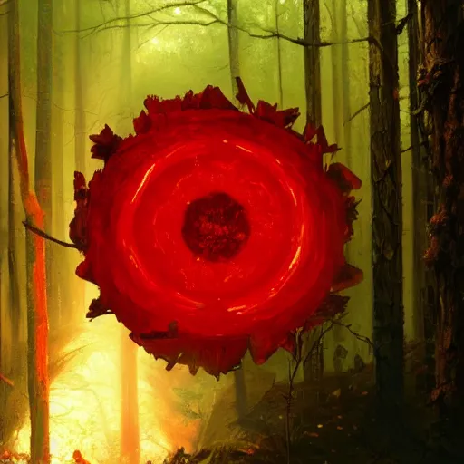 Image similar to A highly detailed oil painting of a blood red, crystal flower glowing bright red in the middle of a dark forest, by Greg Rutkowski.