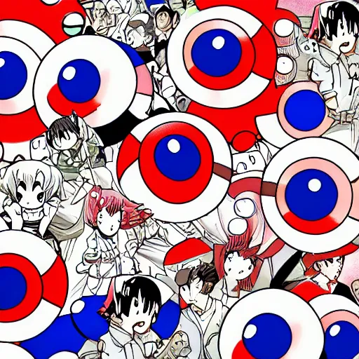 Image similar to pattern of pokeballs, 90s japanese anime, manga