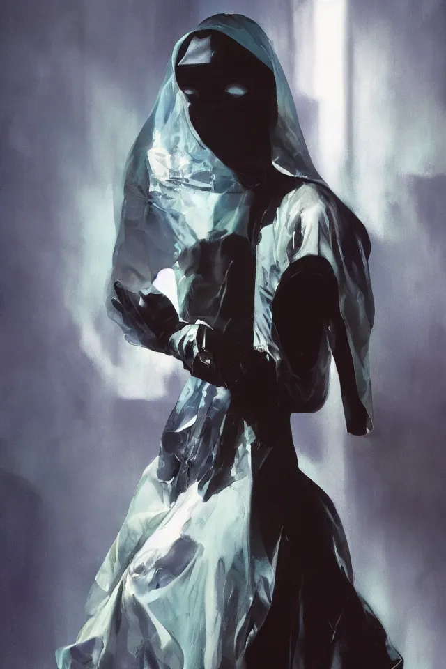 Image similar to digital fashion, androgynous person face covered, tactical poncho latex rags, techwear, iridiscent light, high key, cinematic lighting at night, neon, phil hale, boris vallejo, alberto mielgo, patrick o'keeffe